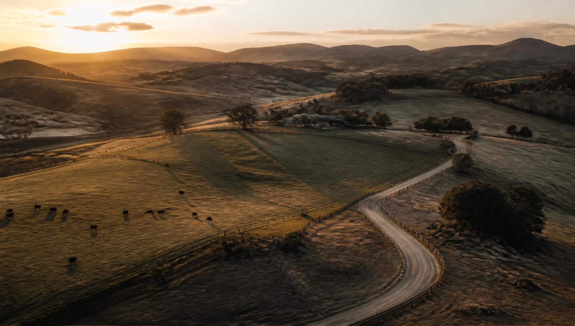 Aerial view of fenced rural pastureland at sunrise